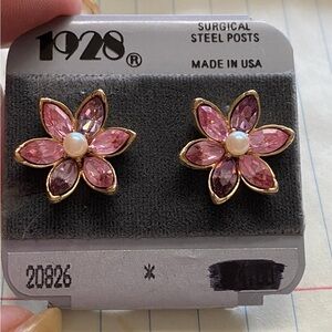 Vintage 1939 Pink Purple Rhinestone Pearl Flower Earrings